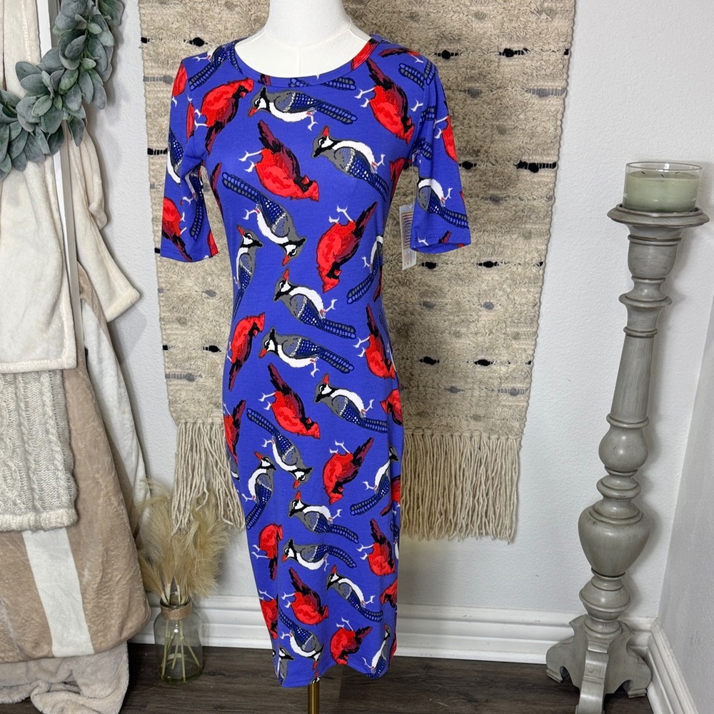 NWT LuLaRoe Julia Blue and Red Bird Print Long Sleeve Dress size xxs
